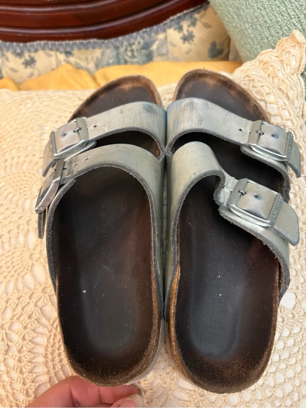 Birkenstock Silver Metallic Two-Strap Sandals